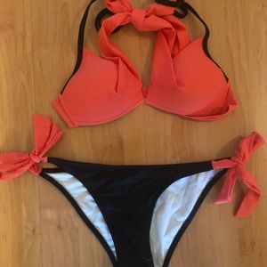 Two piece black orange bikini set